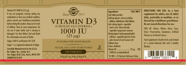 Solgar® Vitamin D3 (Cholecalciferol) 1000 IU (25 µg) Tablets - Pack of 180