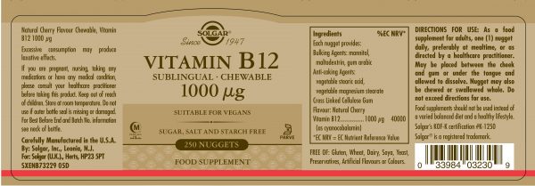 Solgar® Vitamin B12 1000 µg Sublingual - Chewable Nuggets - Pack of 250